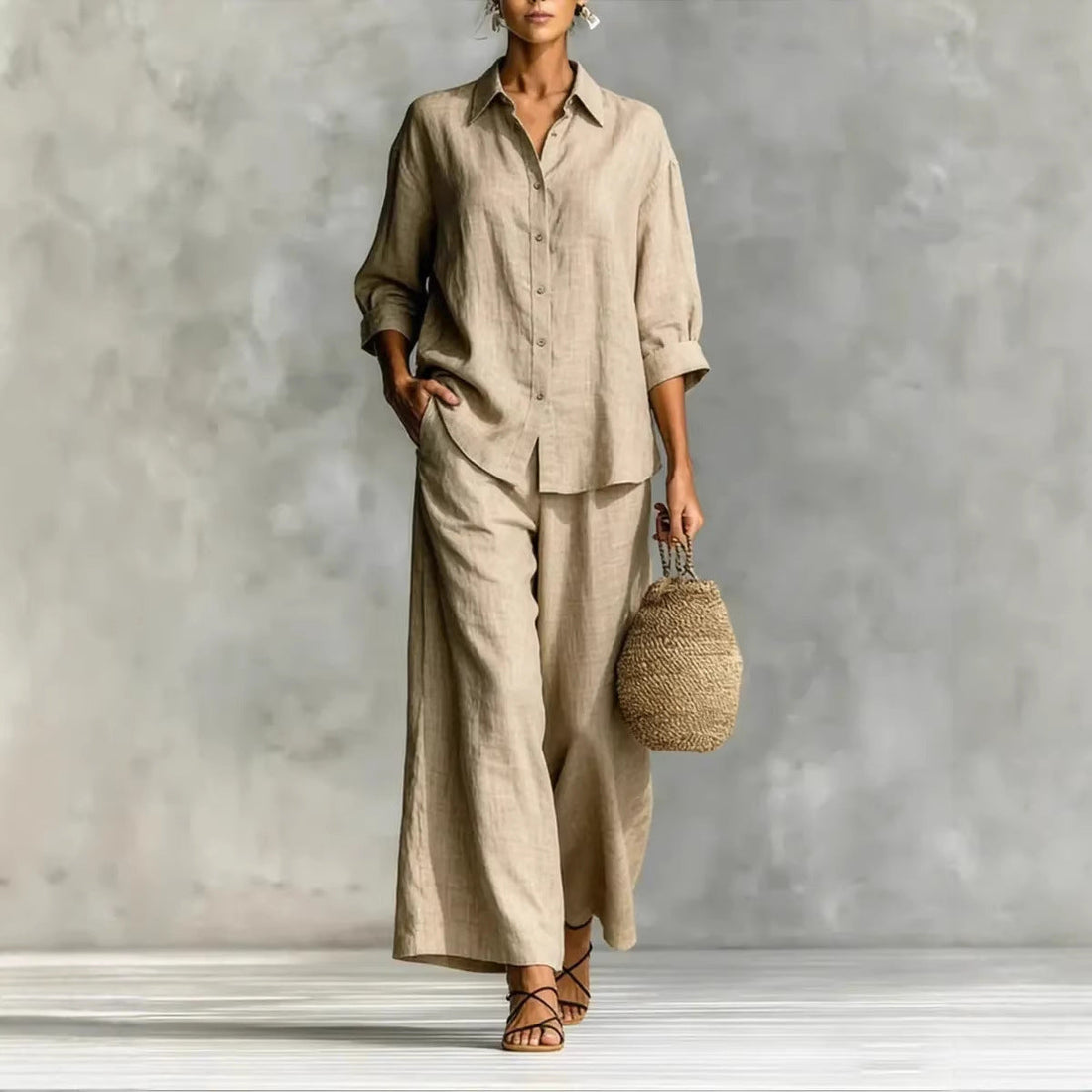 Cotton-Linen Button-Down Shirt and Wide-Leg Pants Two-Piece Set - Image 5