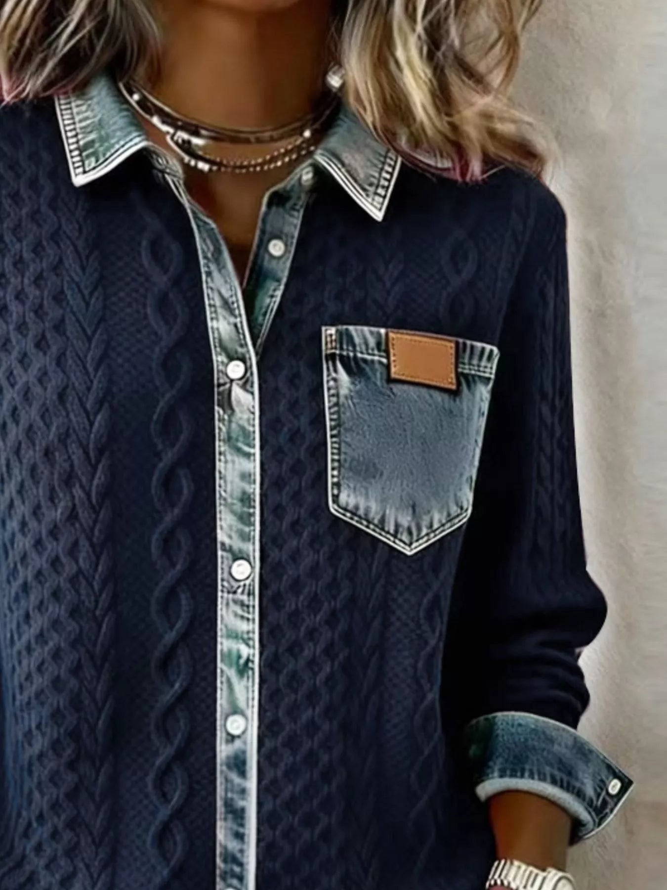 Denim Trim Cable Knit Cardigan | Buttoned Pocketed