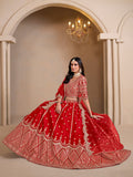 Red art silk embroidered lehenga choli with festive design
