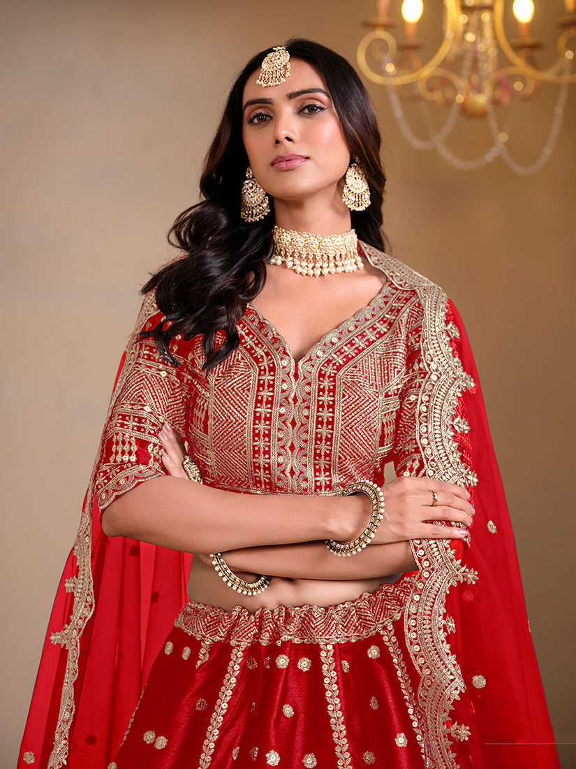 Red Art Silk Embroidered Lehenga Choli for Festive Occasions