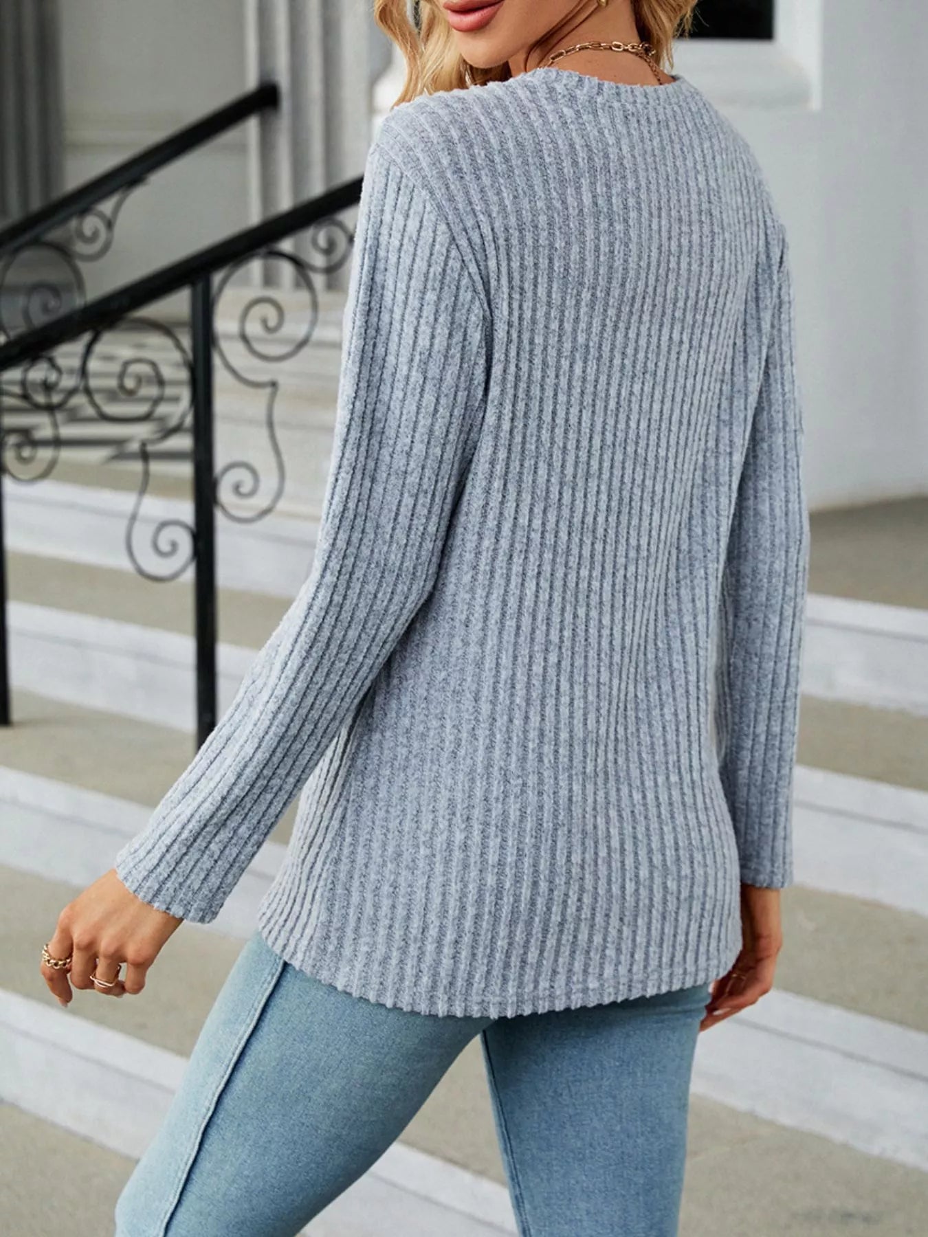 Blue Ribbed Knit Long Sleeve Top with Decorative Button Detail - Image 4