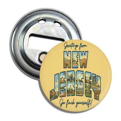 Greetings from New Jersey magnet bottle opener with bold text on a kitchen refrigerator