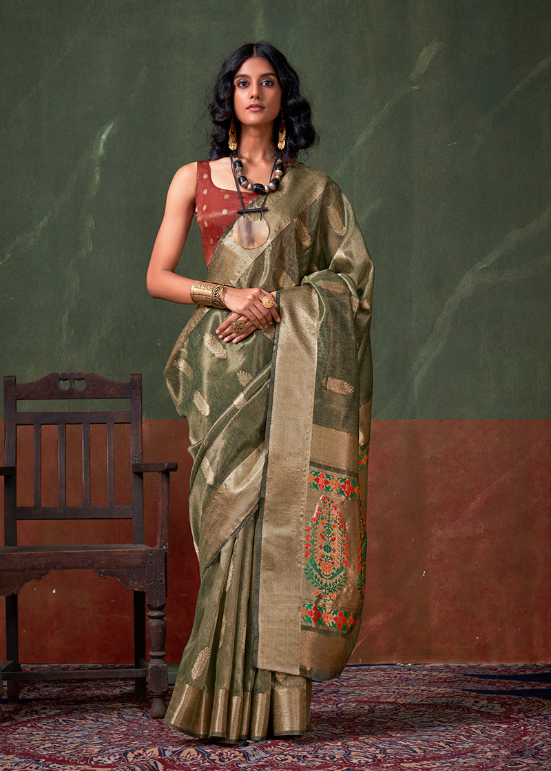 Dark Green tissue silk designer saree with gold zari work