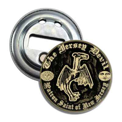 Jersey Devil folklore design magnet bottle opener in silver, black, and gold metal finish.