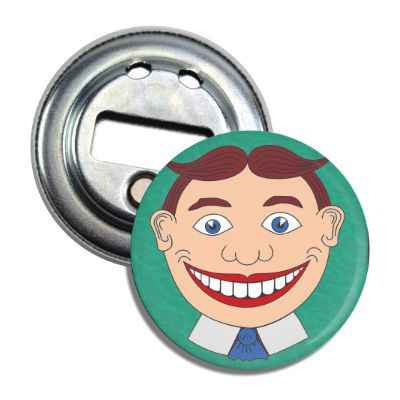 Tillie face bottle opener with magnetic backing and keyring attachment hole
