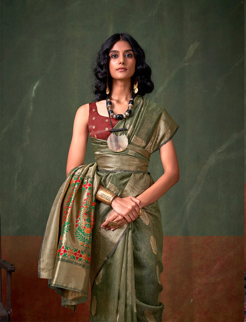 Dark Green Zari Tissue Silk Designer Saree