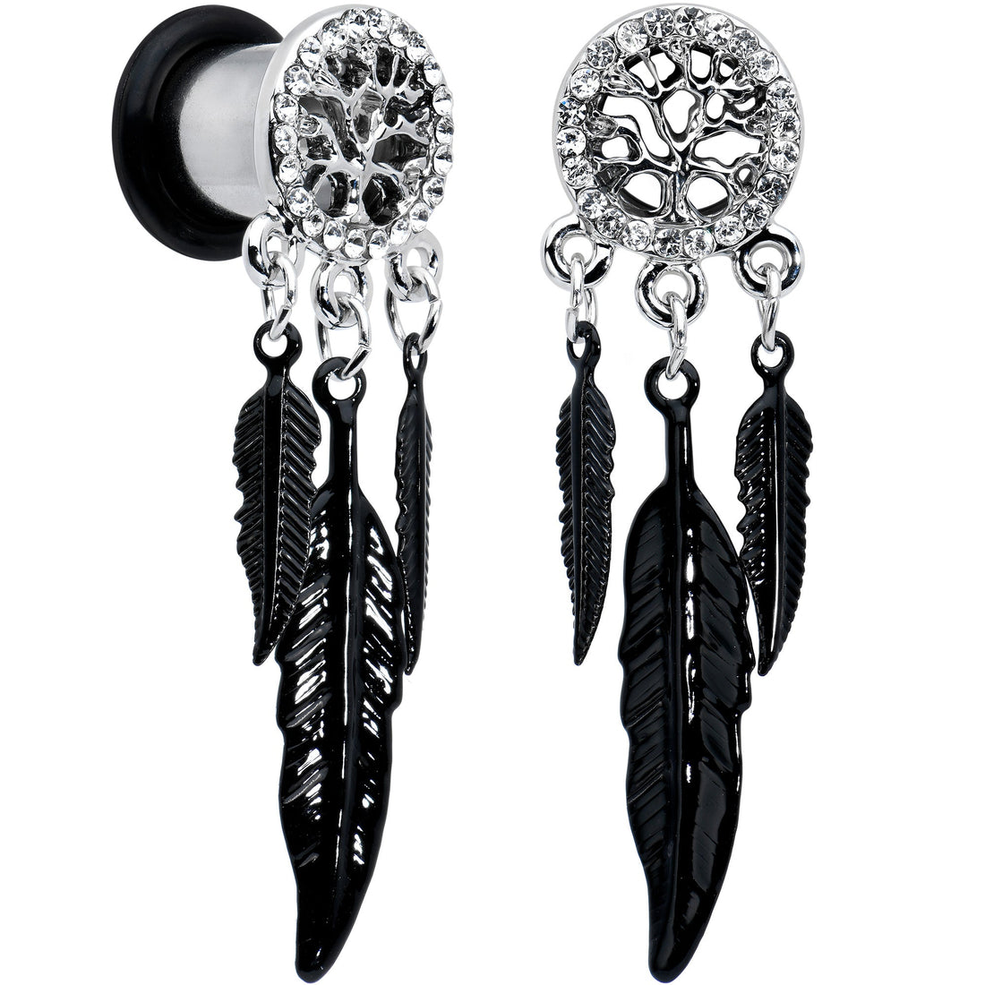 0G Clear Gem Steel Single Flare Tree of Life Dangle Plug Set