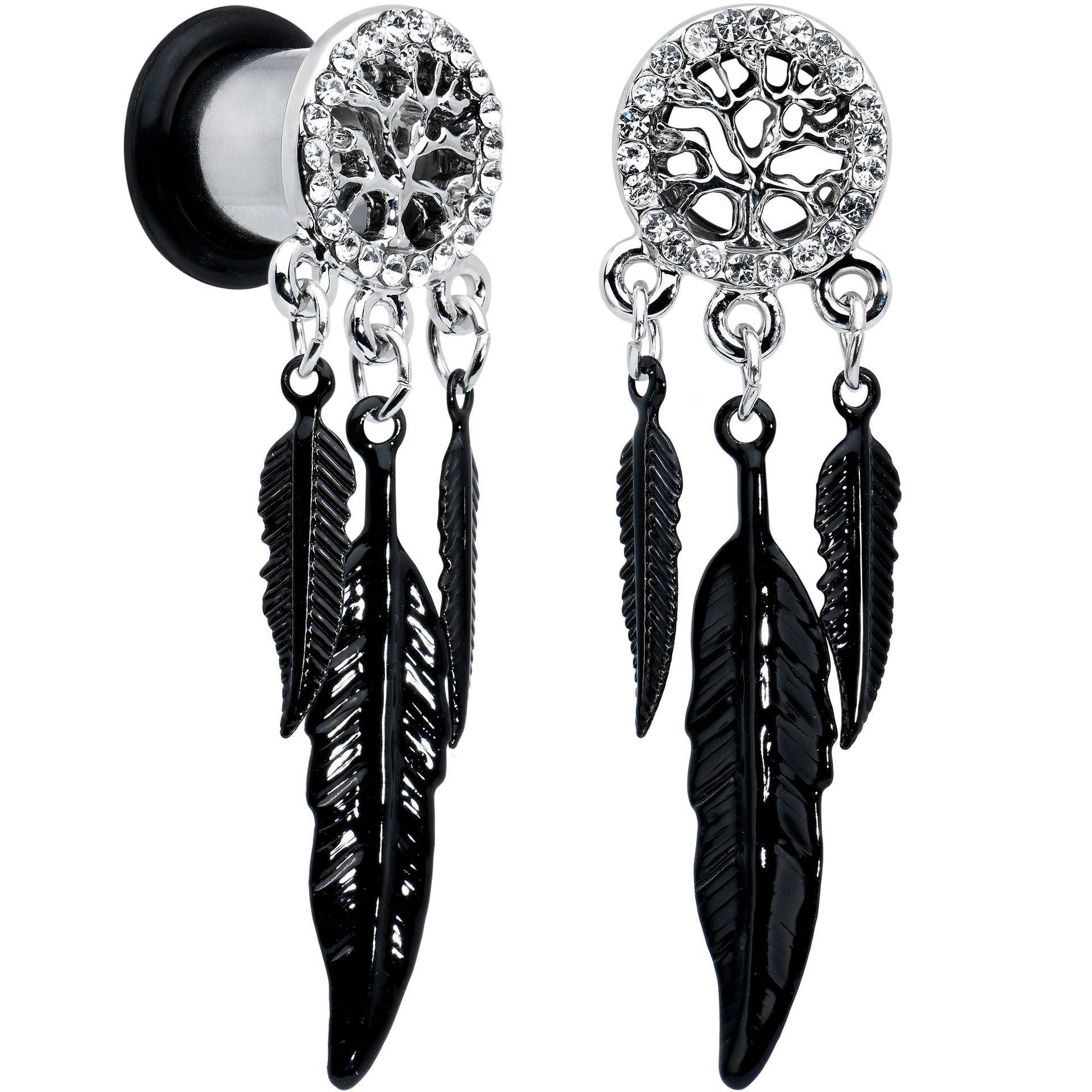 0G Clear Gem Steel Single Flare Tree of Life Dangle Plug Set
