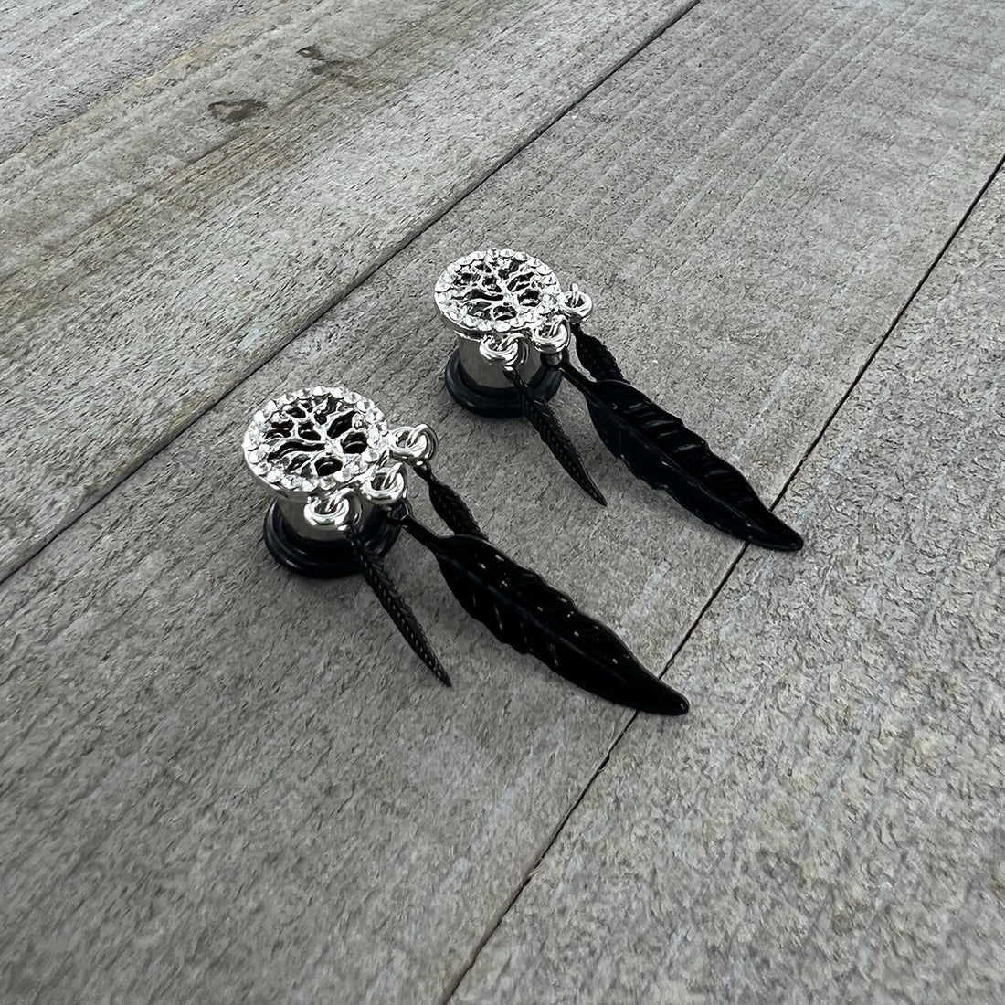 0G Clear Gem Steel Single Flare Tree of Life Dangle Plug Set