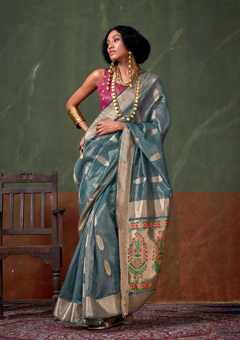 Blue zari tissue silk designer saree with intricate weaving