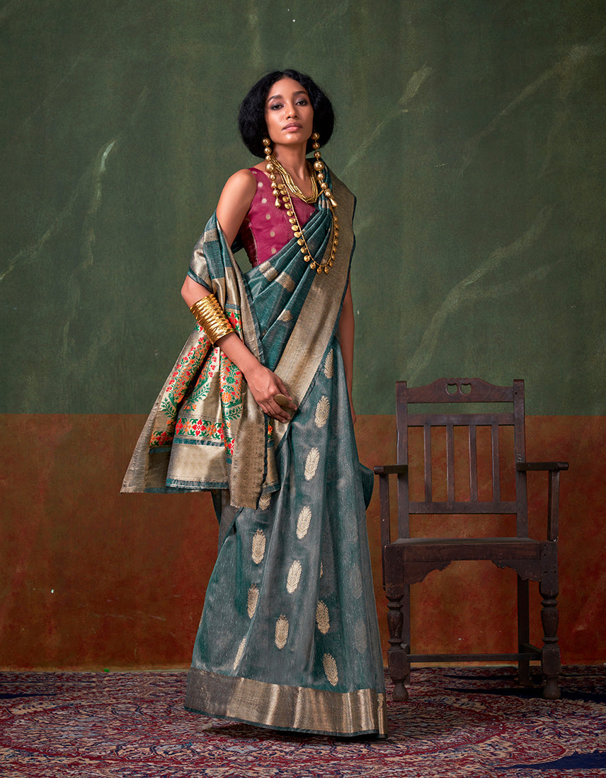 Blue Zari Tissue Silk Designer Saree with Weaving Detail