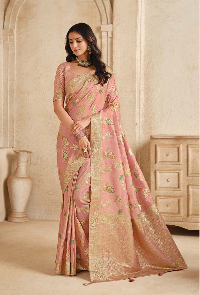 Monjolika Fashion baby pink traditional weaving silk saree with zari work and matching blouse for kids