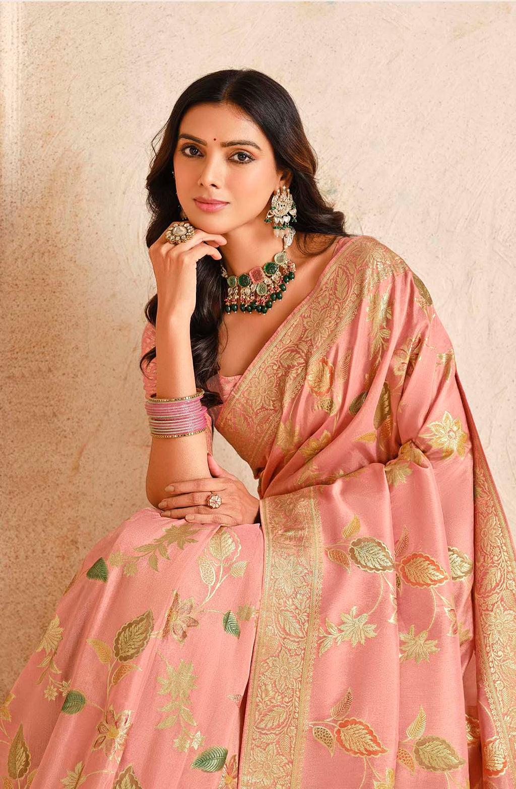 Baby Pink Weaving Silk Classic Saree with Matching Blouse