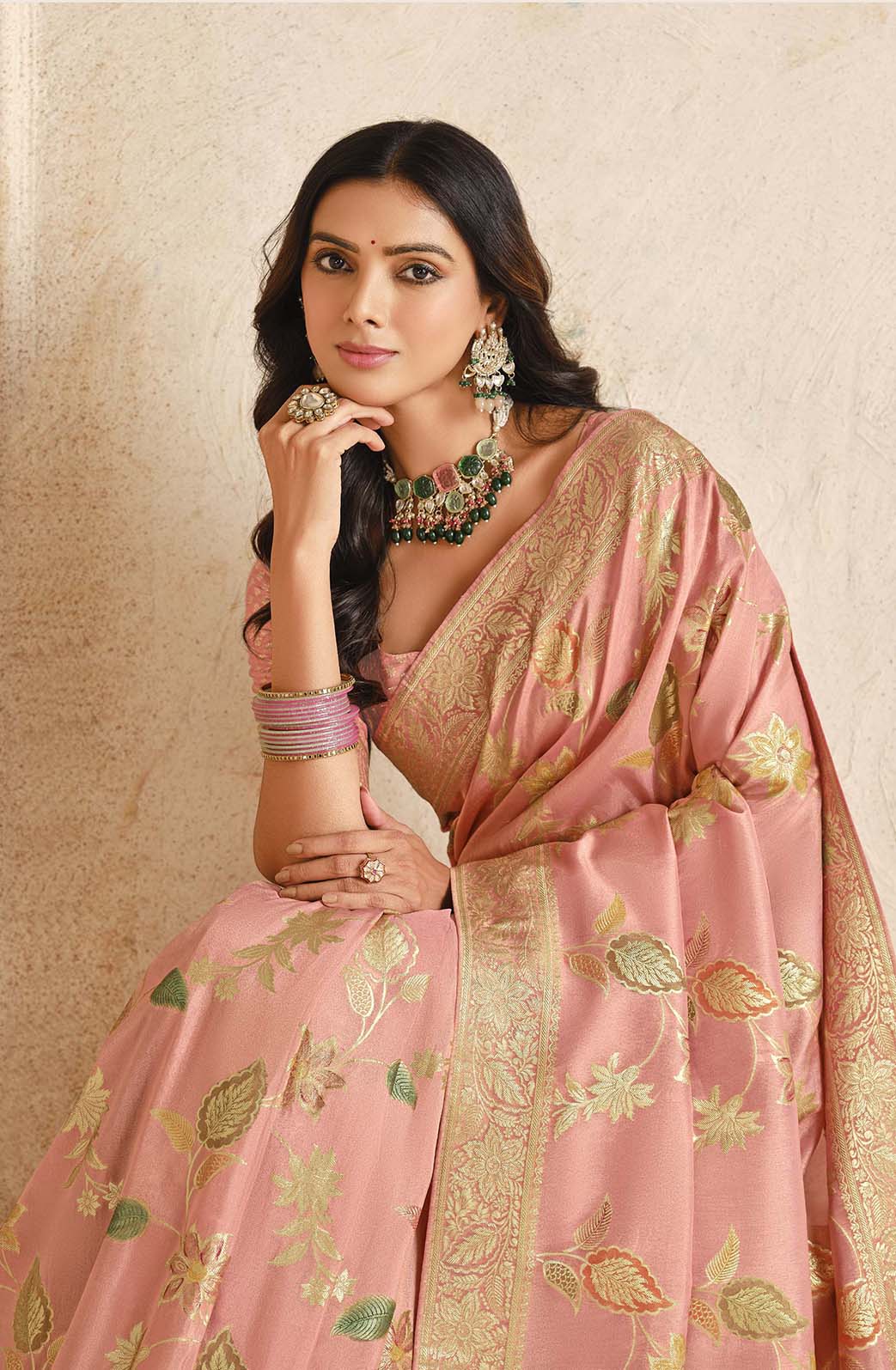 Baby Pink Weaving Silk Classic Saree with Matching Blouse