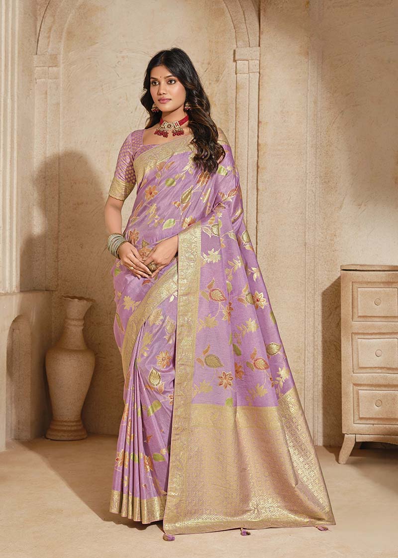 Classic lilac color weaving silk saree with fine details.