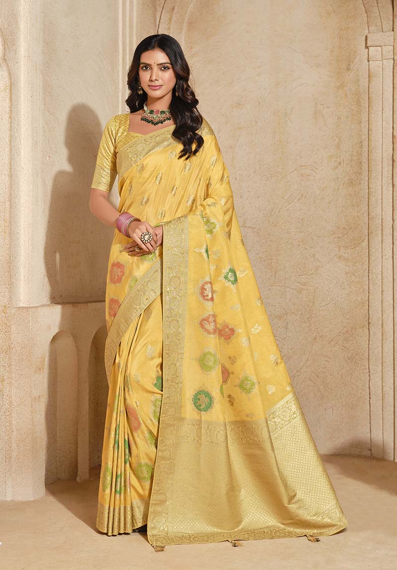 Yellow weaving silk saree with traditional pattern and elegant drape