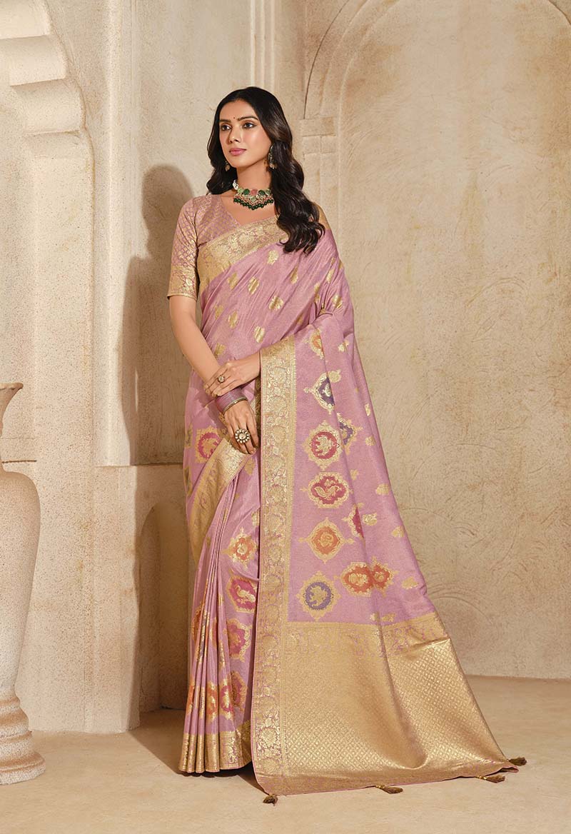 Elegant light pink weaving silk classic saree for festive wear