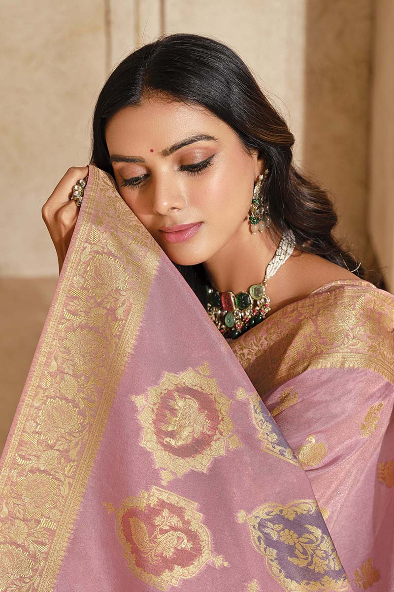 Light Pink Weaving Silk Classic Saree for Festive Celebrations