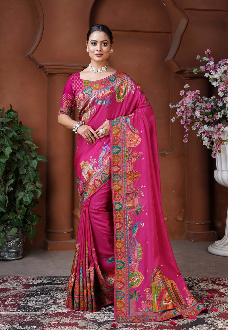 Elegant Rani Pink Dola Silk traditional saree with intricate weaving patterns