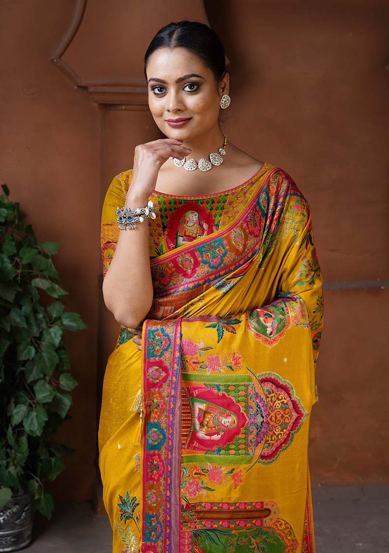 Mustard Traditional Weaving Dola Silk Saree for Festive Wear