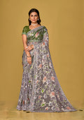 Monjolika Fashion Grey Color Organza Brasso With Beautiful Printed Saree
