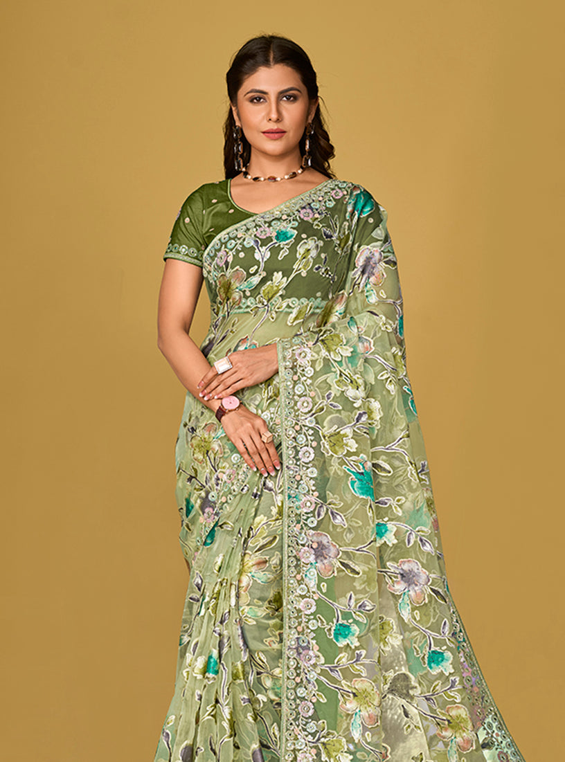 Light Green Organza Brasso Printed Saree for Elegant Styling