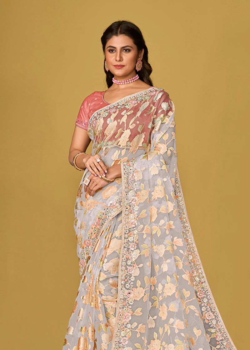 Off White Organza Brasso Printed Saree with Elegant Drape