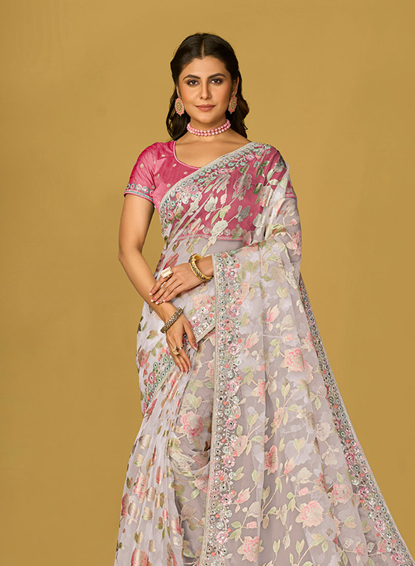 Off White Organza Brasso Saree with Printed Design and Piping