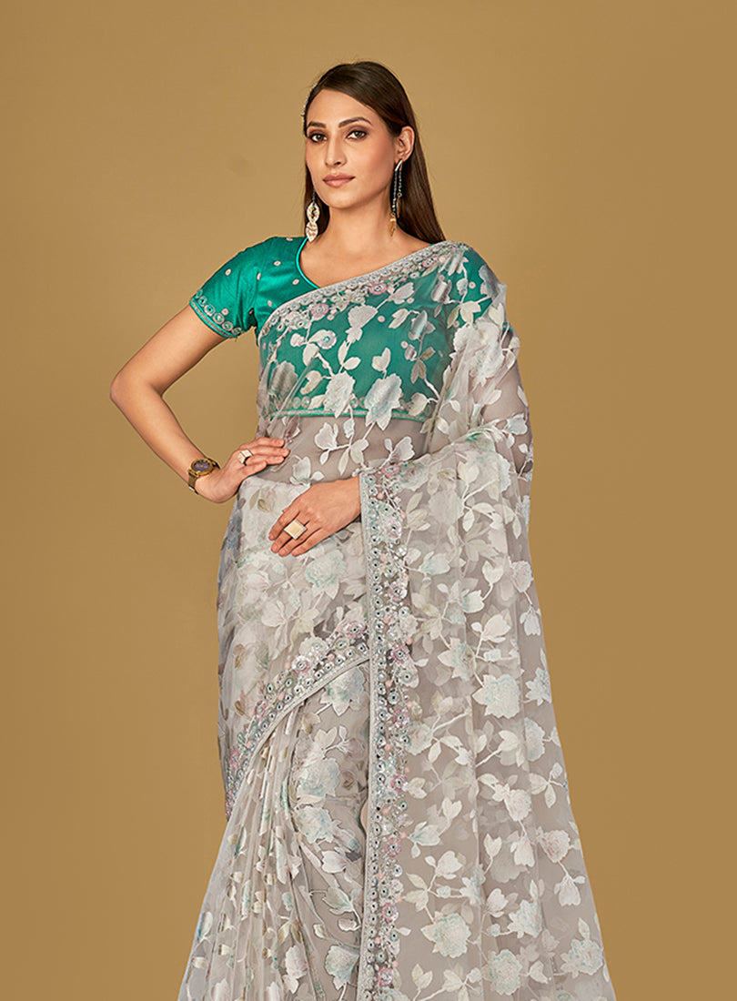 Off White Organza Brasso Printed Saree