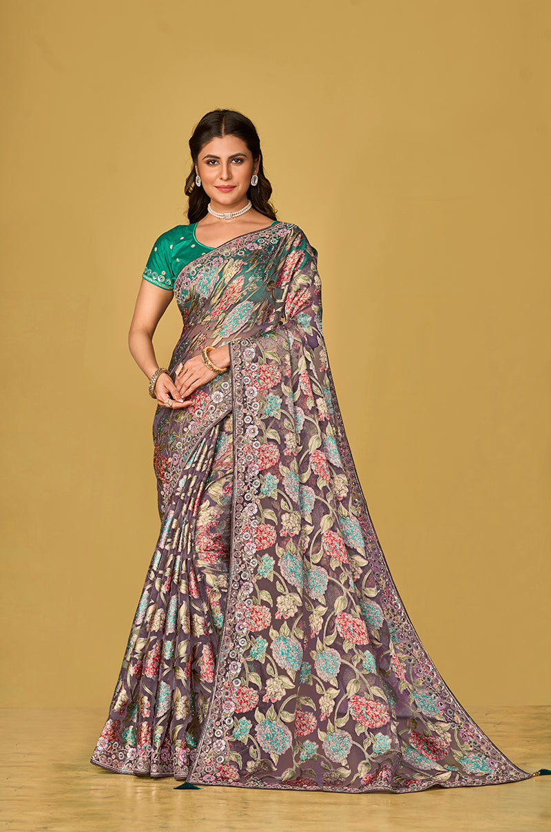 Elegant Grey Silk Organza Brasso saree with intricate festive prints.
