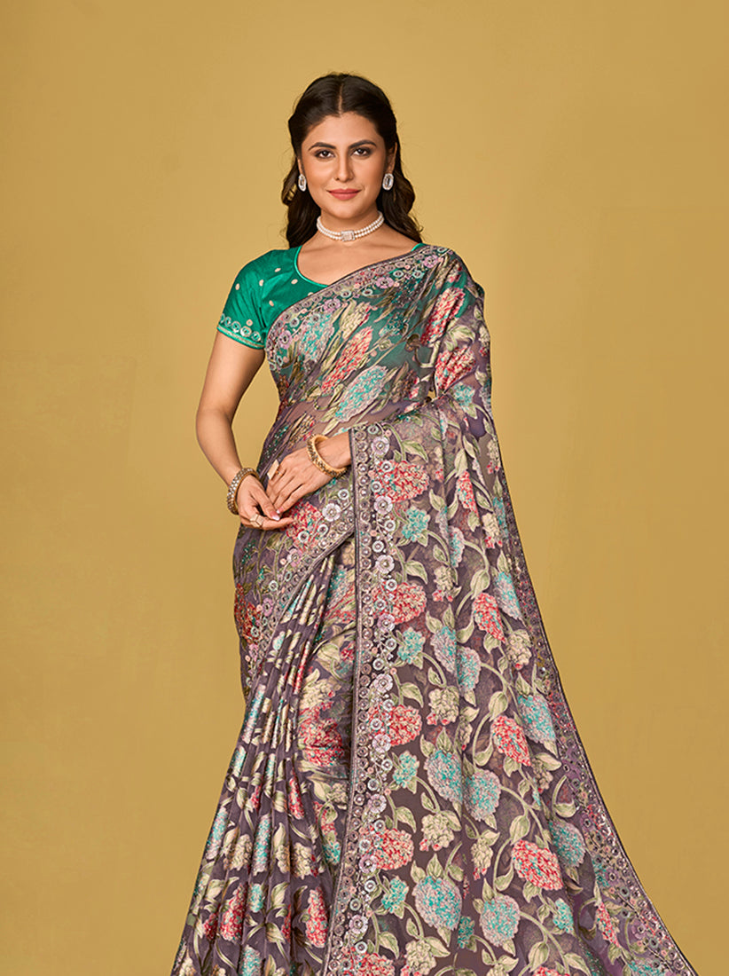 Grey Silk Organza Brasso Printed Saree for Festive Wear