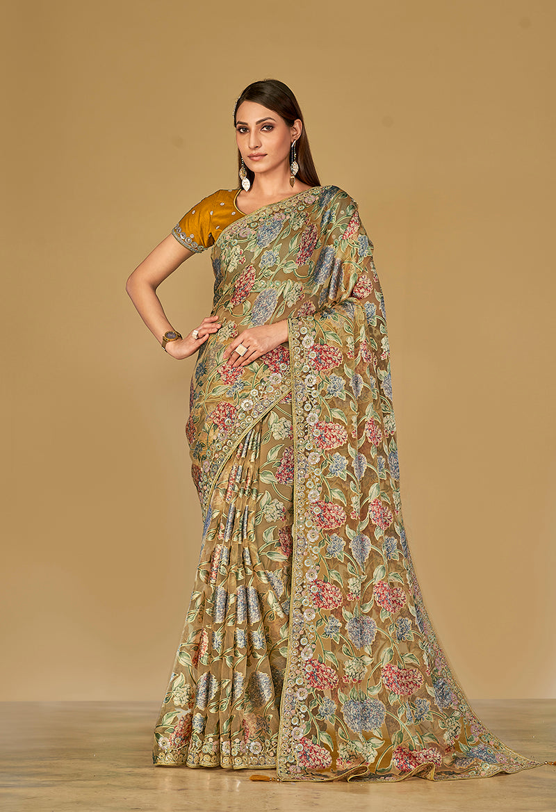Mustard Silk Organza Brasso printed saree with intricate patterns