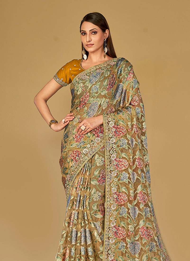 Mustard Silk Organza Brasso Printed Festive Saree