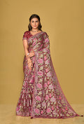 Stunning Burgundy Silk Organza Brasso printed saree for festive occasions