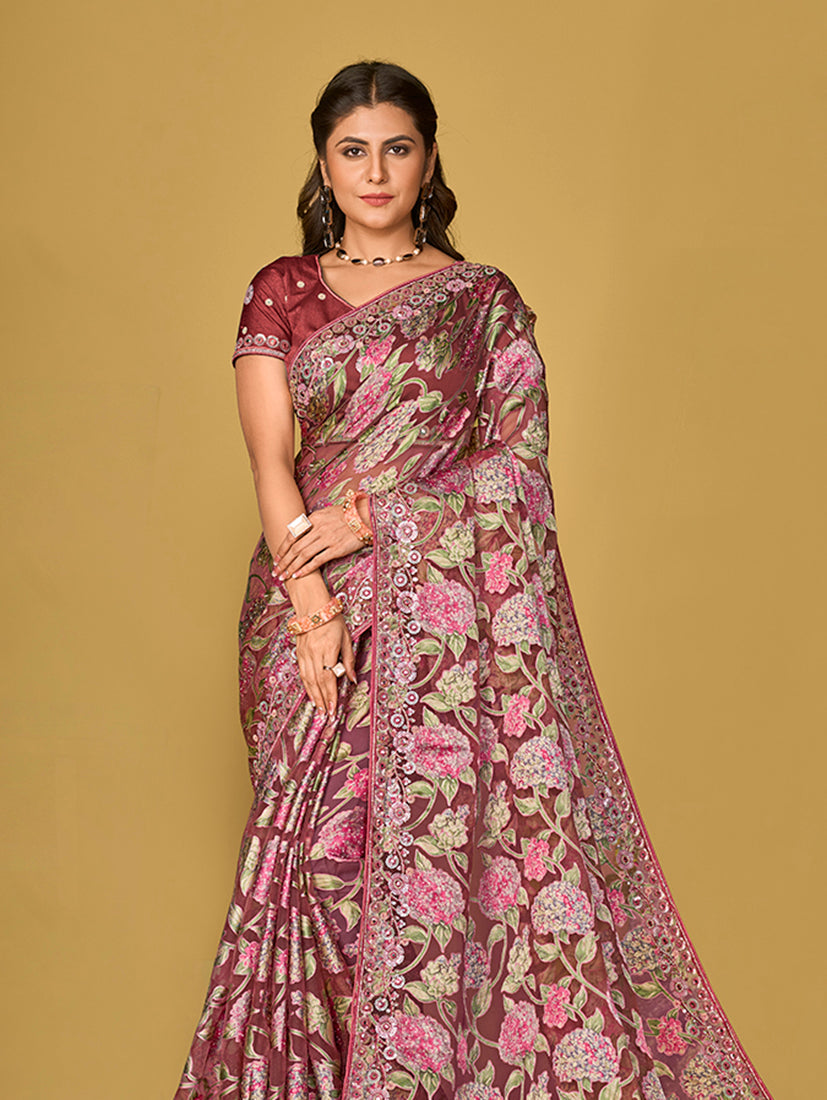 Burgundy Silk Organza Brasso Festive Printed Saree