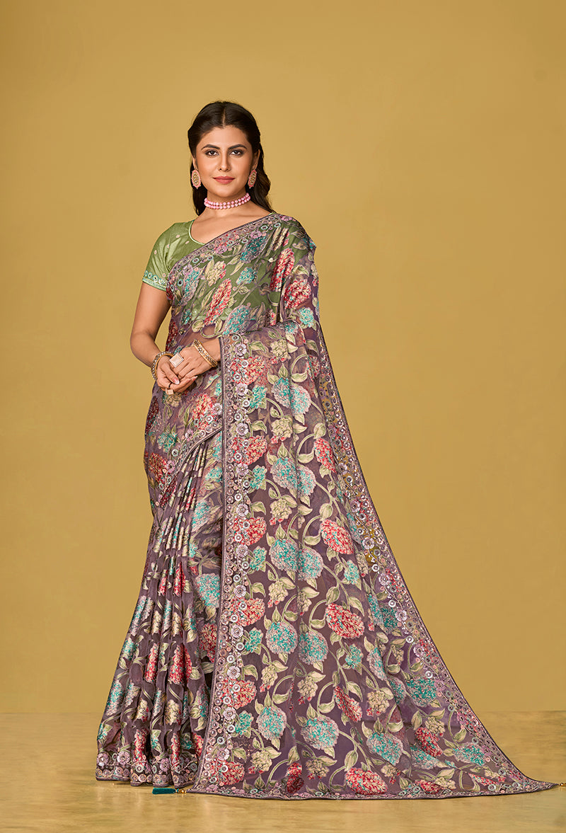 Stunning grey silk organza brasso saree with intricate printed patterns.