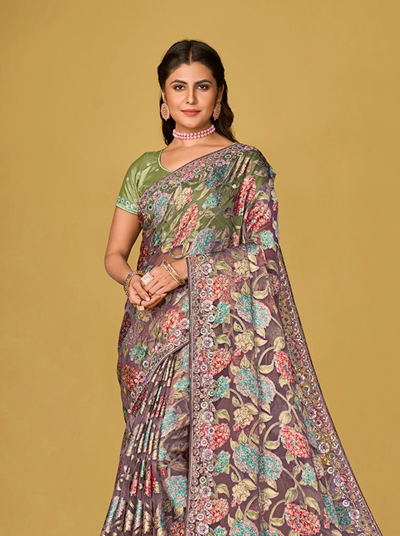 Grey Silk Organza Brasso Printed Festive Saree