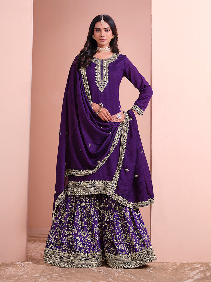 Elegant dark-purple art silk salwar suit with embroidery work
