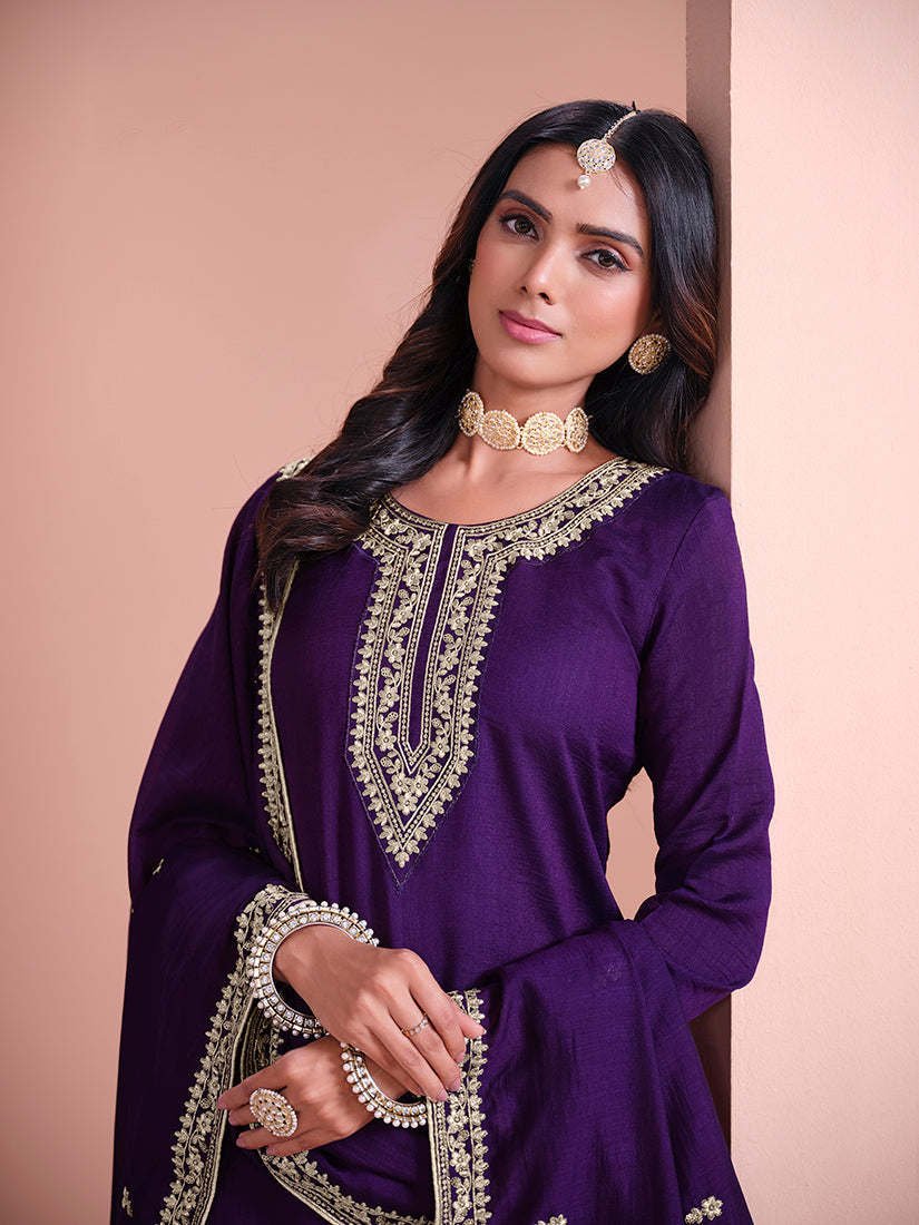 Dark-Purple Embroidered Art Silk Salwar Suit for Party Wear