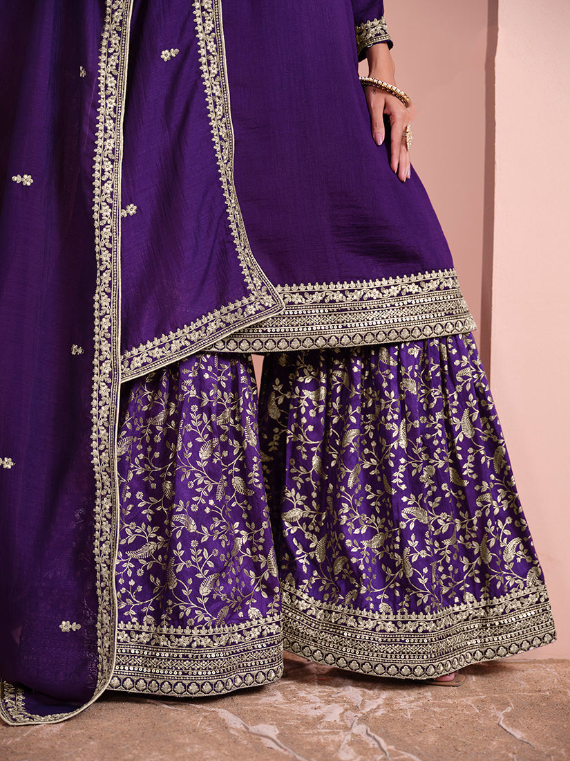 Dark-Purple Embroidered Art Silk Salwar Suit for Party Wear
