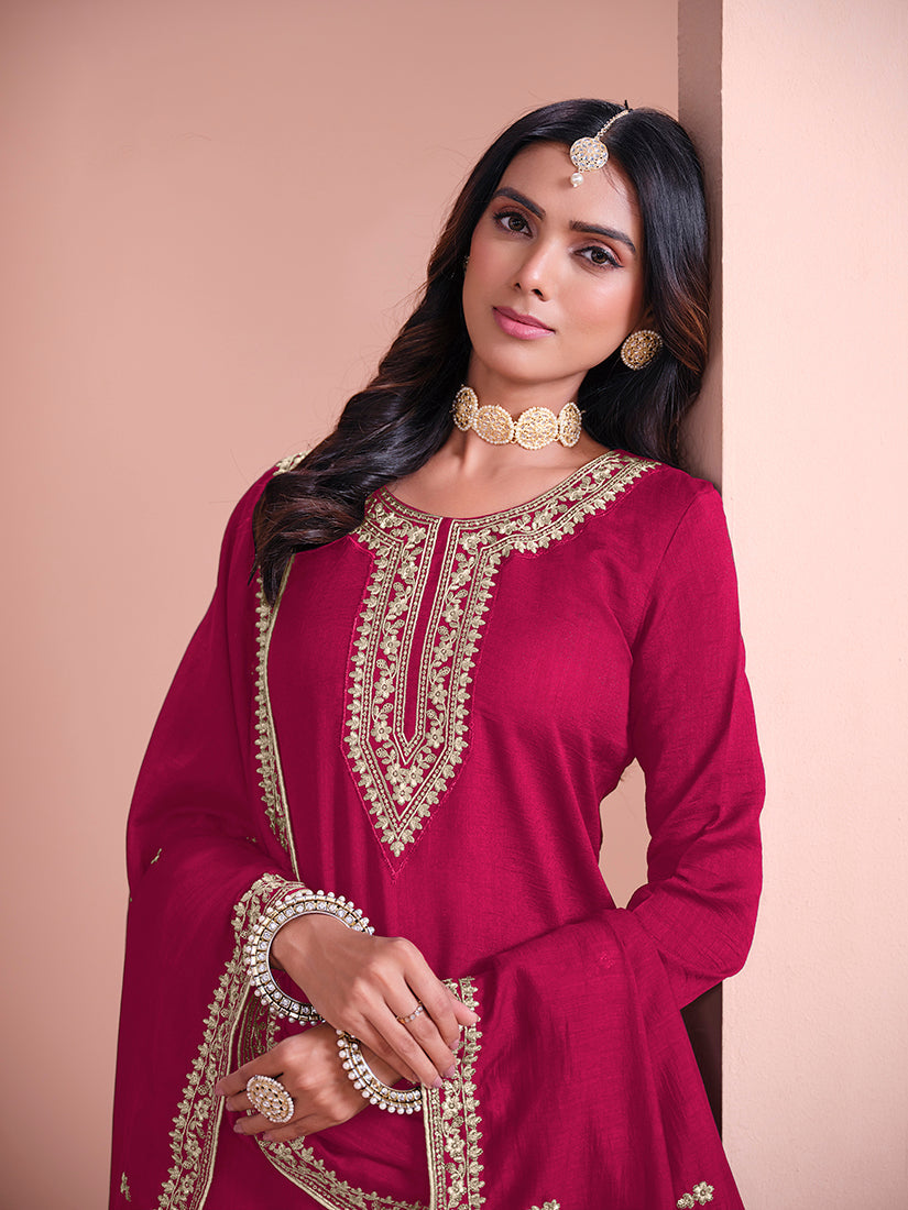 Rani-Pink Embroidered Santoon Art Silk Salwar Suit