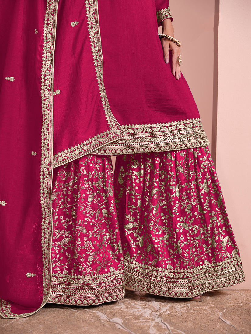 Rani-Pink Embroidered Santoon Art Silk Salwar Suit