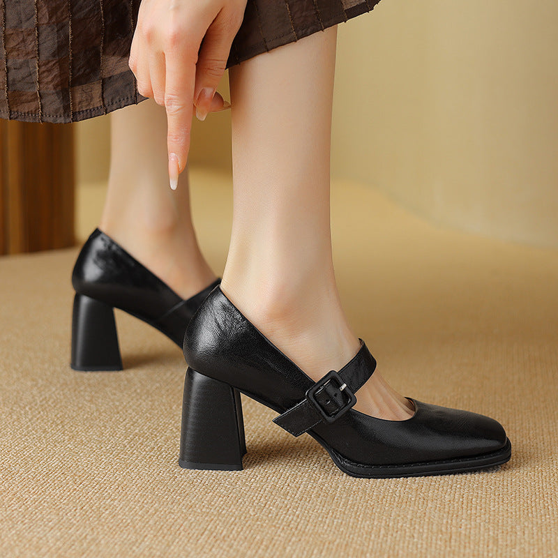 Women's Sheepskin Mary Jane Heels Square Toe Chunky Buckle Pumps - Image 2