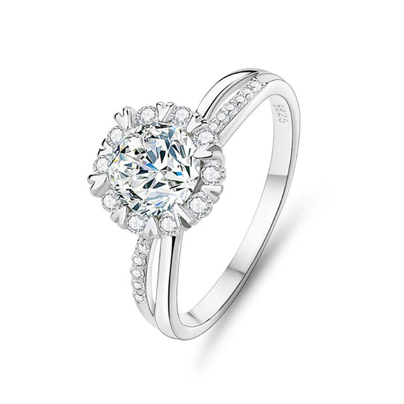 S925 Sterling Silver snowflake-shaped ring with zircon stones on a white background