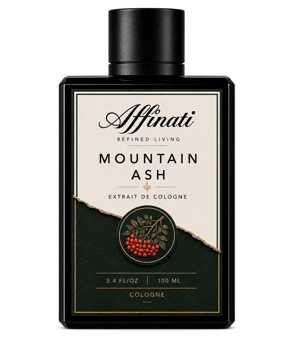 A minimalist Mountain Ash Extrait de Cologne bottle with forest-green accents.