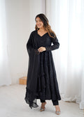 Black faux georgette Lucknowi sequence work Anarkali kurta with pant and dupatta set