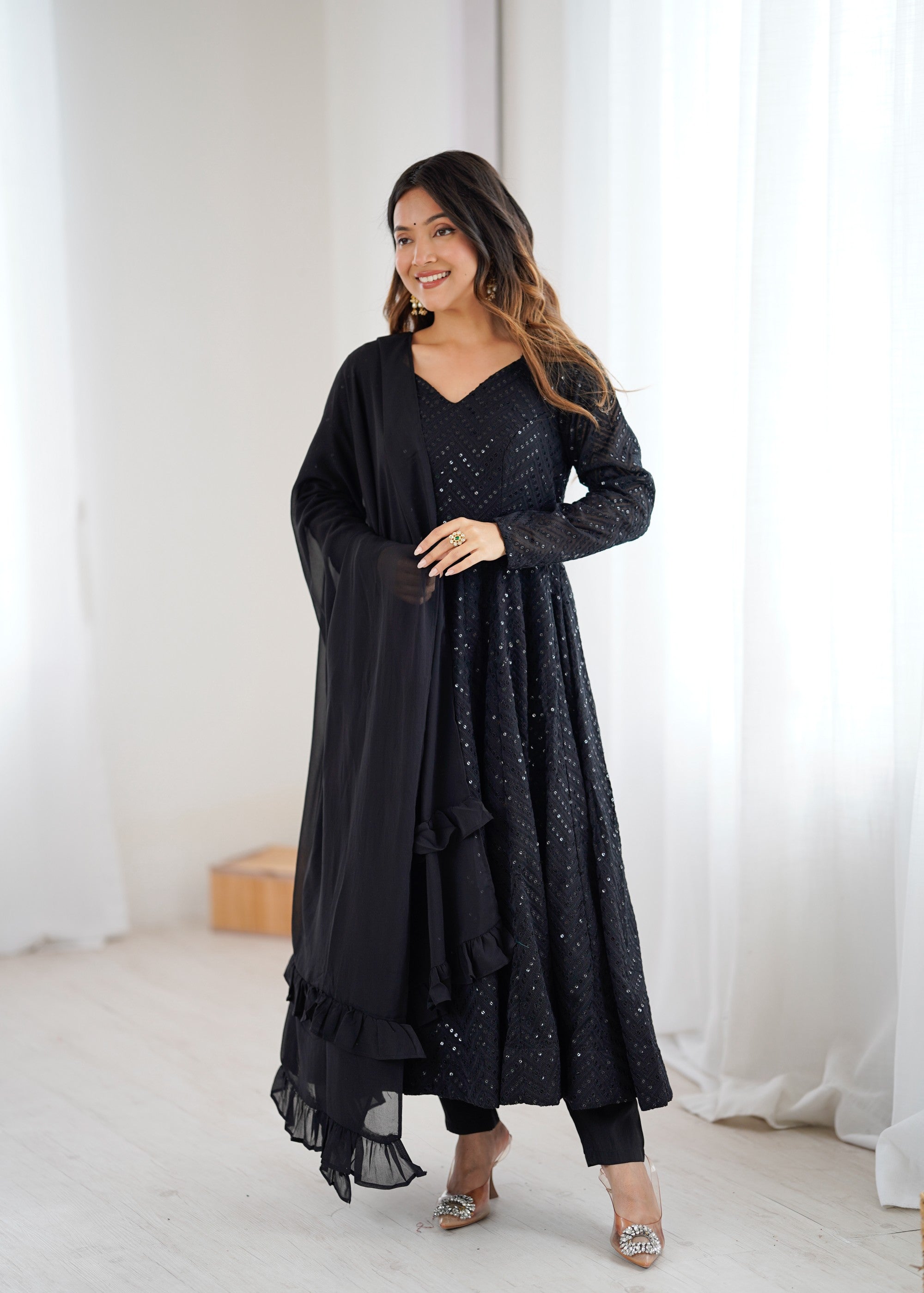 Black faux georgette Lucknowi sequence work Anarkali kurta with pant and dupatta set