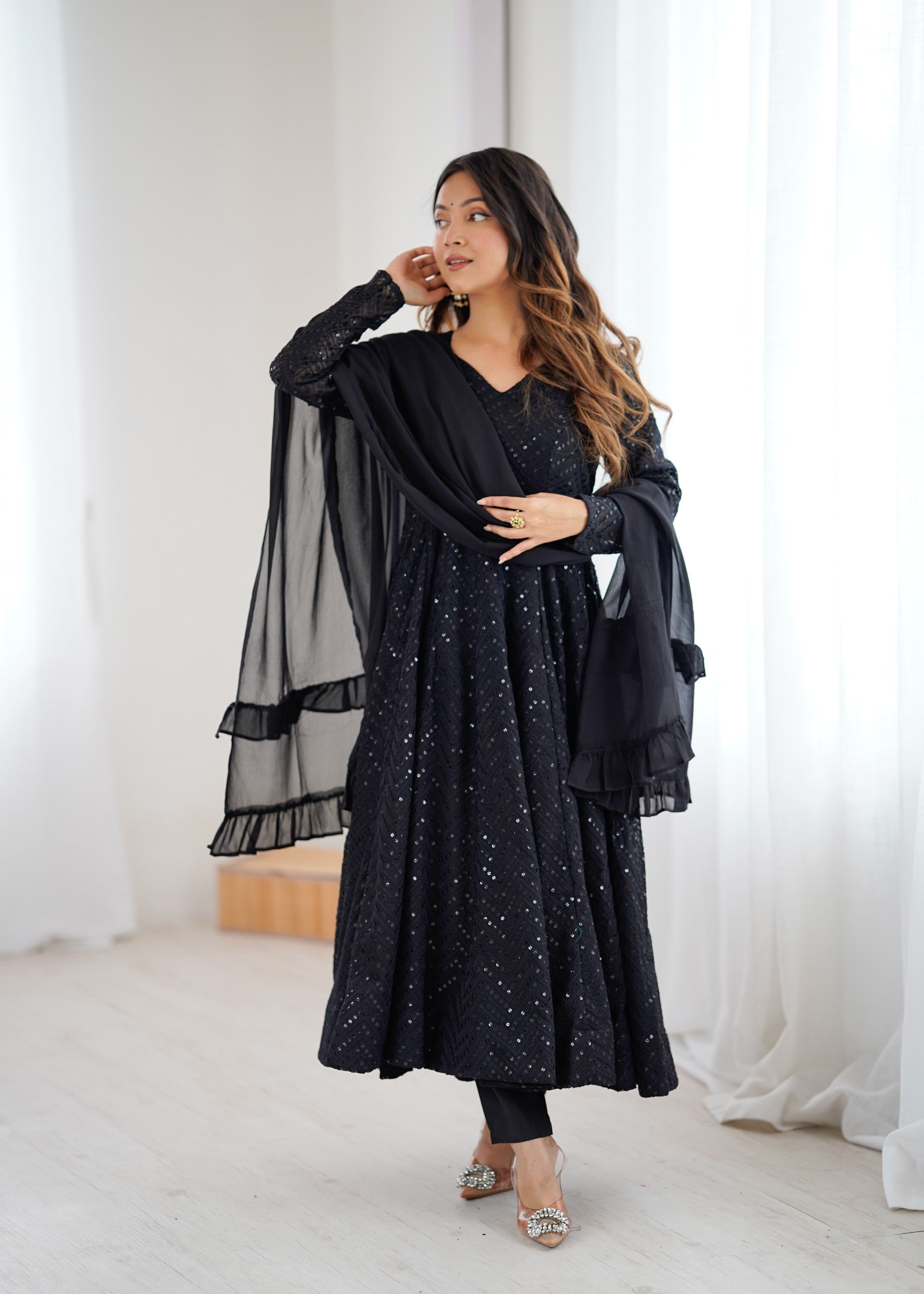 Black Lucknowi Sequence Work Anarkali Kurta Pant Dupatta Set