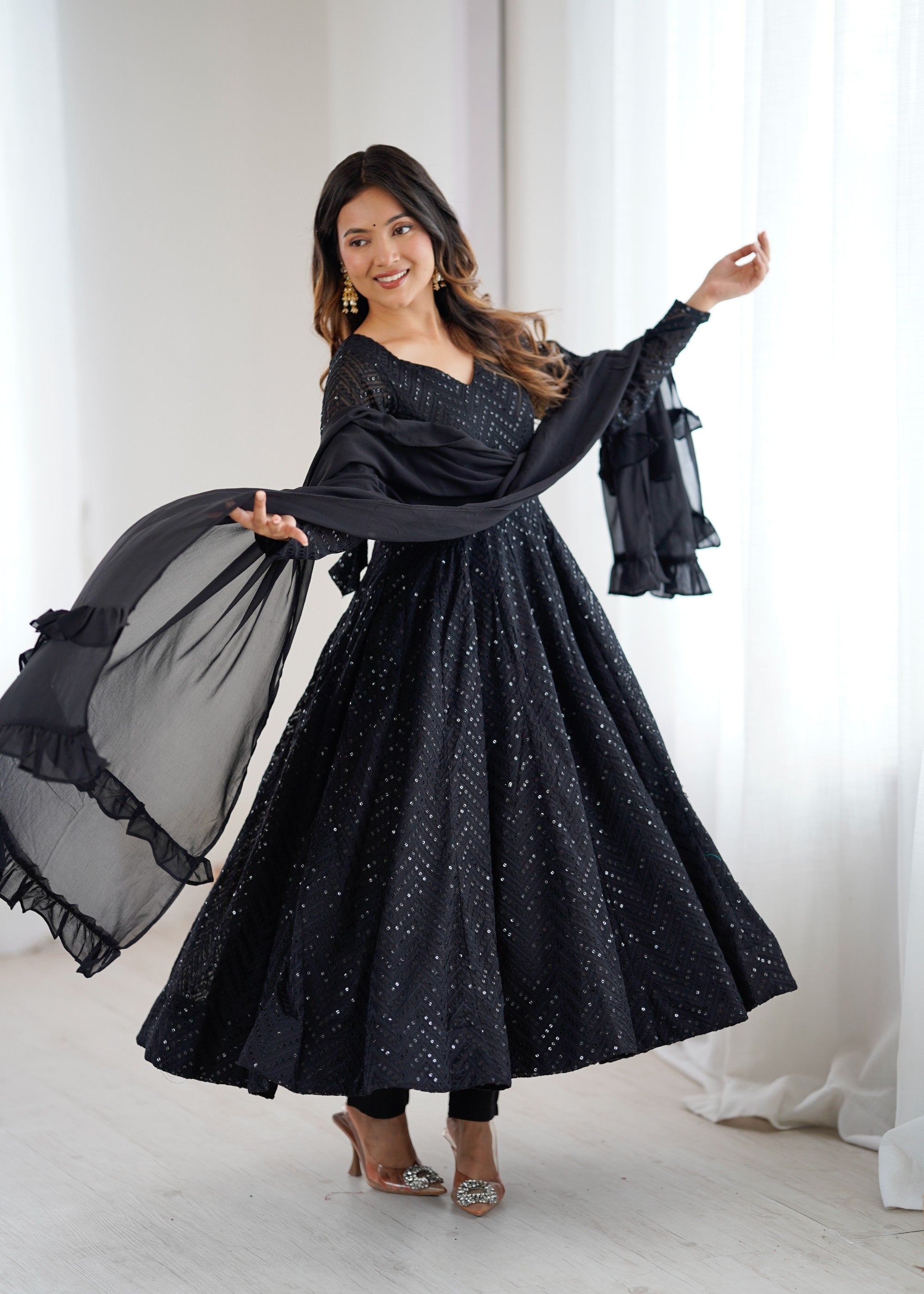 Black Lucknowi Sequence Work Anarkali Kurta Pant Dupatta Set