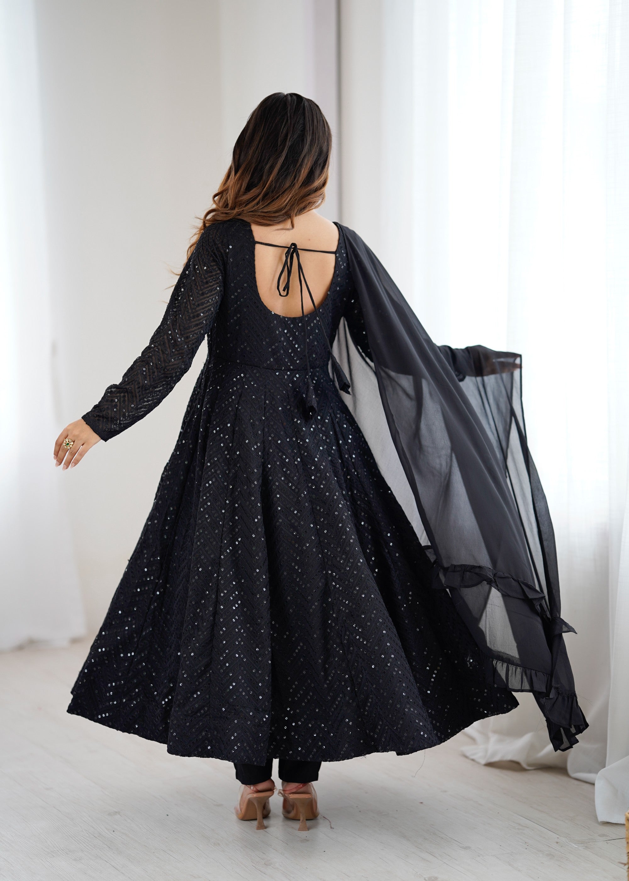 Black Lucknowi Sequence Work Anarkali Kurta Pant Dupatta Set